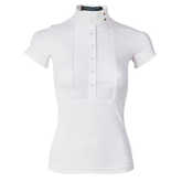 White short-sleeve shirt with button details on a white background