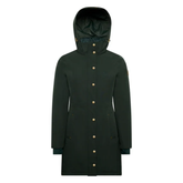 Dark green hooded rain coat on a white background
