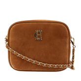 Brown handbag with a chain strap on a white background