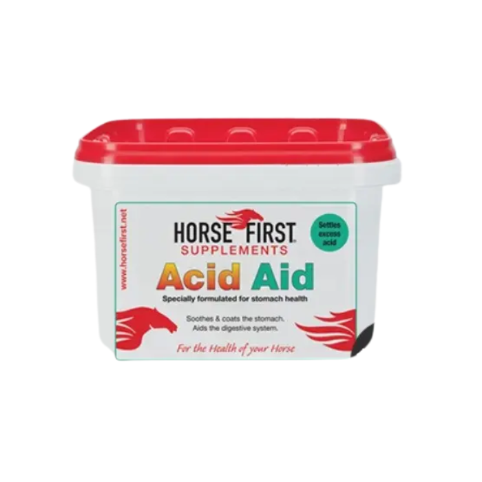 White tub with horse supplements, red lid on white background