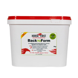 White tub of horse supplement with red lid on white background