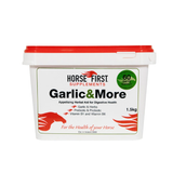White tub of horse supplements with red lid on white background
