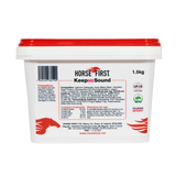 White tub of horse supplement with red lid on white background