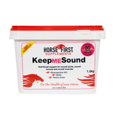 White tub of horse supplement with red lid on white background