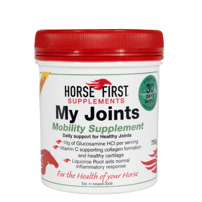 Horse First Supplements My Joints mobility supplement container on a white background
