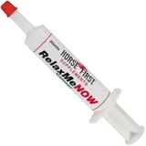 Syringe of horse calmer paste on white background