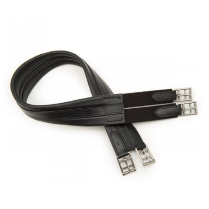 Leather horse girth in black on a white background