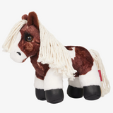 Plush horse toy with brown, white, and black coloring on a white background