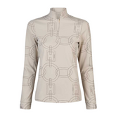 Beige riding top with geometric pattern and quarter zip on a white background