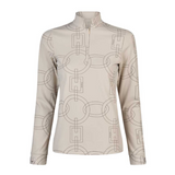 Beige riding top with geometric pattern and quarter zip on a white background