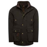 Dark brown jacket with button details on a white background