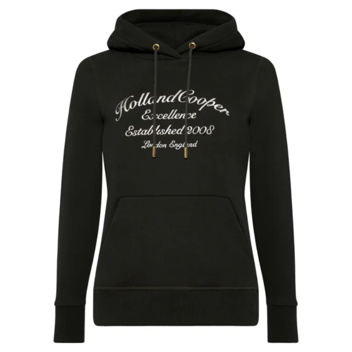 Dark green hoodie with 'Holland Cooper Excellence' text on a white background