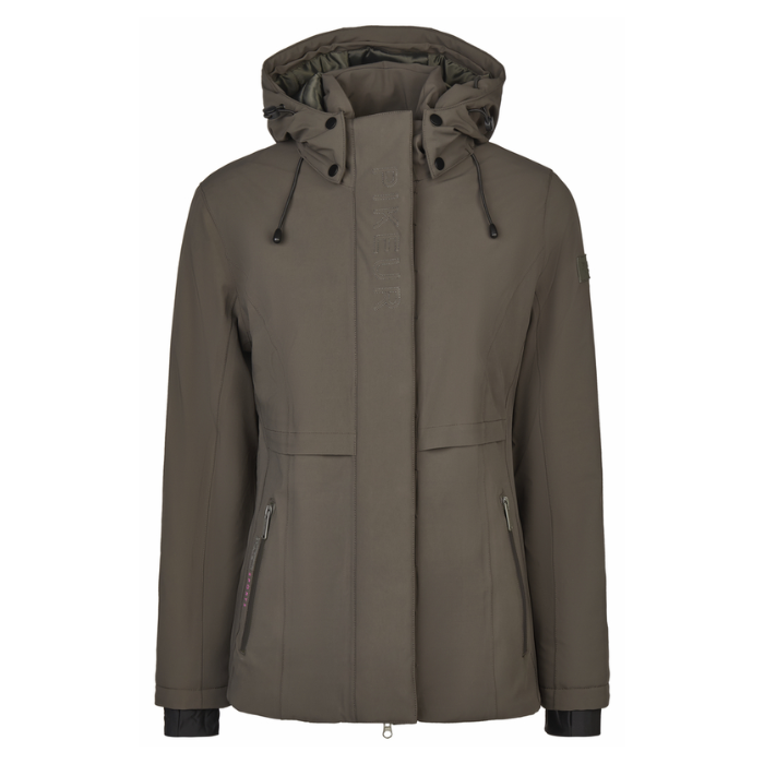Khaki parka jacket with a hood on a white background
