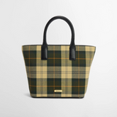 Tartan tote bag with black leather handles on a white background