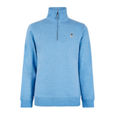 Blue sweater with a quarter zip on a white background