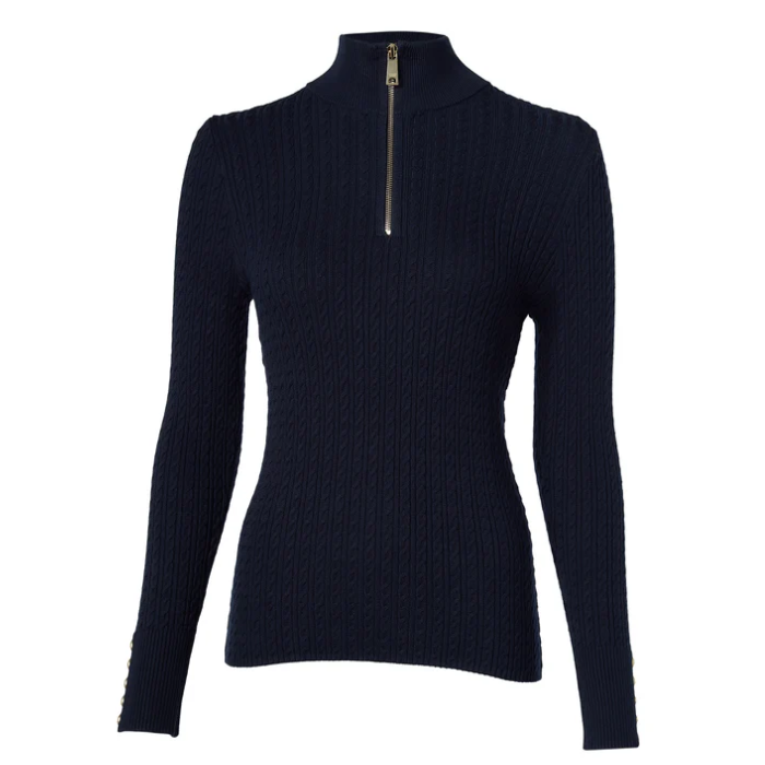 Navy blue ribbed jumper with a quarter zip on a white background