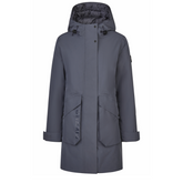 Graphite blue winter coat with a hood on a white background