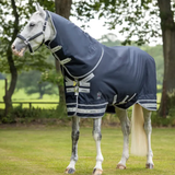 Horse wearing a navy blue rug in an outdoor setting with trees and grass.