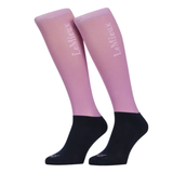 Pair of pink and black knee-high socks with 'LeMieux' branding on a white background