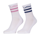 2 White socks with pink and blue stripes on white background
