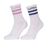 2 White socks with pink and blue stripes on white background