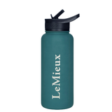 Teal water bottle with black lid and 'LeMieux' branding on a white background