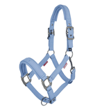 Light blue horse headcollar with metallic hardware on a white background
