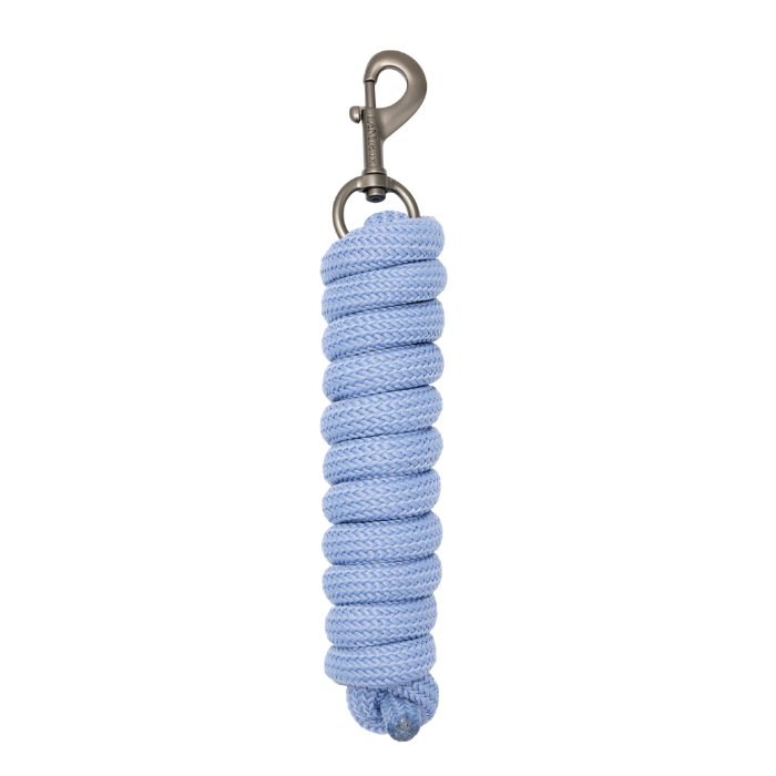 Light blue rope with a metal clip on a white background