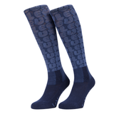 Pair of blue knee-high socks with a pattern on a white background
