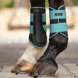 Horse legs wearing teal and black LeMieux boots on a blurred outdoor background