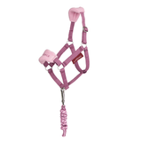 Pink headcollar with matching leadrope set on a white background