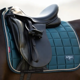Saddle with teal saddle pad on a horse, featuring LeMieux branding.