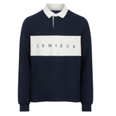 Navy rugby shirt with white collar and chest strip on a white background