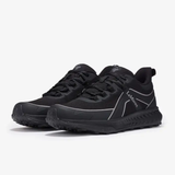 Black athletic shoes with a brand logo on a white background