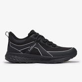 Black running shoe with brand logo on a white background