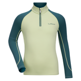 Light green and teal long-sleeve top with a quarter zip on a white background, featuring the brand 'LeMieux'.
