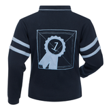 Navy Rugby Shirt with pale blue rosette emblem and stripes on sleeves against a white background