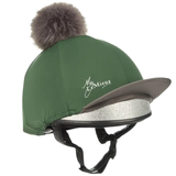 Green equestrian helmet with a fur pom-pom and 'My Le Mieux' branding on a white background