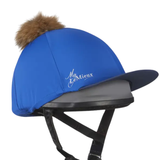 Blue equestrian helmet with brown fur pom-pom and 'My Lemieux' logo on a white background