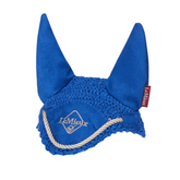 Blue ear bonnet with rope detail and visible brand logo on a white background
