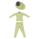 Light green dolls outfit with a hat on a white background