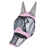 Pink horse fly mask with black mesh on a white background