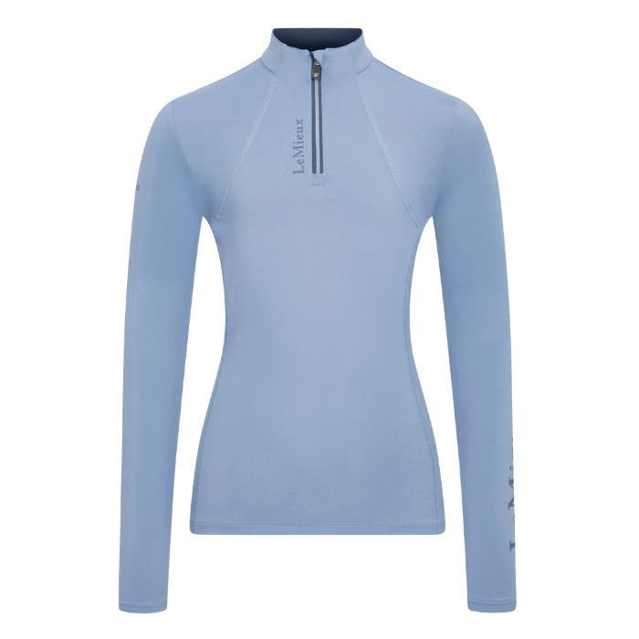 Light blue long-sleeve top with a zipper on a white background