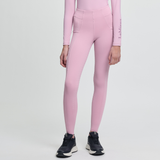 Person wearing pink leggings with a logo on a light grey background
