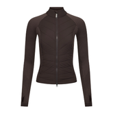 LeMieux AW26 Maddie Hybrid Jacket Varient Cocoa. A dark brown long-sleeve athletic jacket with a full zip front, stand-up collar, and ribbed knit sleeves, shown on a plain white background.