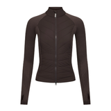 LeMieux AW26 Maddie Hybrid Jacket Varient Cocoa. A dark brown long-sleeve athletic jacket with a full zip front, stand-up collar, and ribbed knit sleeves, shown on a plain white background.