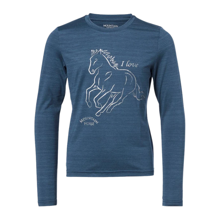 Blue long sleeve kids top with horse motief on white background