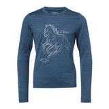 Blue long sleeve kids top with horse motief on white background