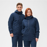Male and female model wearing navy jackets on grey background
