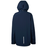 Navy jacket with hood on white background back view